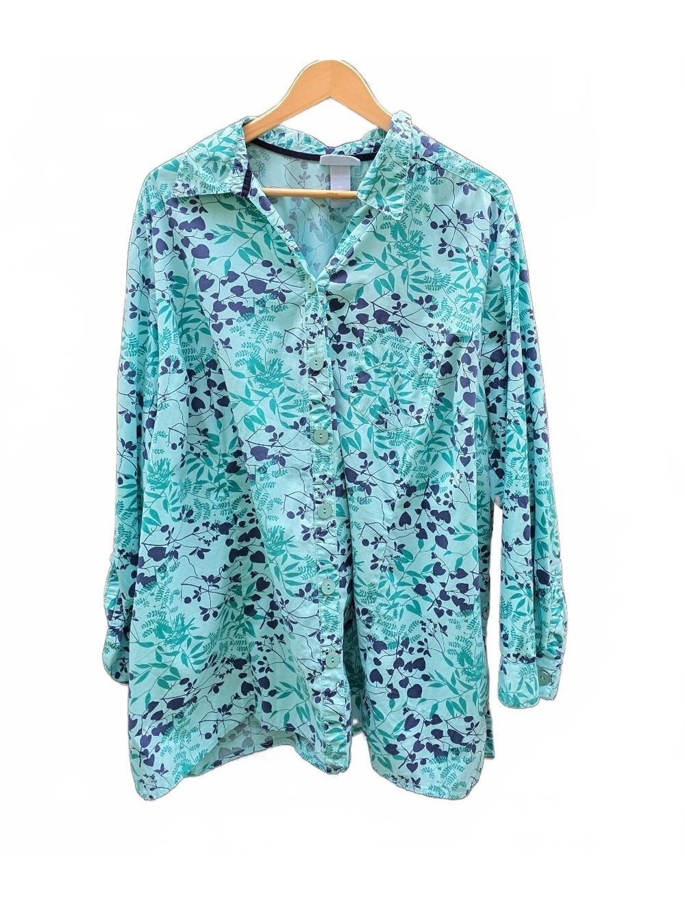 Liz & Me Blue and green Leafy Patterned Button Down Cotton Shirt. 2XL Casual